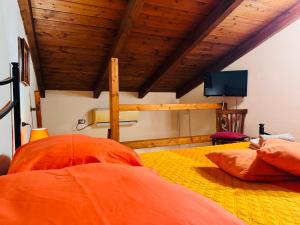a bedroom with two beds with orange pillows and a tv at Lilly's House in Monteponi