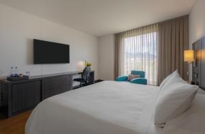 ein Hotelzimmer mit einem großen Bett und einem Fernseher in der Unterkunft Hotel Morrison Usaquén in Bogotá