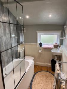 a bathroom with a shower and a tub and a sink at Mansfield House in Norwich +48 photos