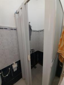a bathroom with a shower and a toilet with a mirror at Villa rafraf in Rafrāf