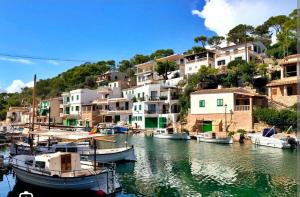 a group of boats docked in a harbor with houses at Hostal Bernareggi in Cala Figuera