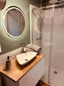 a bathroom with a sink and a shower at Gites Lisael et le 1808 proches Puy DuFou in Mauléon