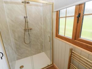 eine Dusche mit Glastür im Badezimmer in der Unterkunft Cwtch Y Bugail 1 in Llandeilo