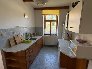 a kitchen with a counter and a sink and a window at Pension V Doubí apartmán se sdílenou koupelnou in Slavče