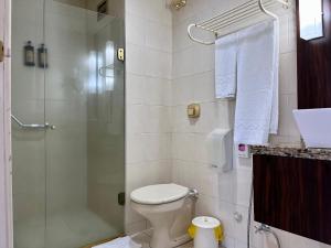 a bathroom with a toilet and a glass shower at Studio apartment in downtown Joinville, SC in Joinville +22 photos