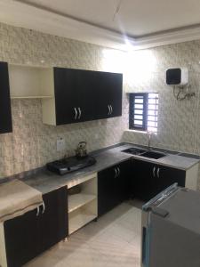 a kitchen with black cabinets and a sink at House 22 Apartments in Kubwa