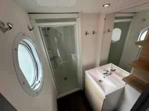 a bathroom with a sink and a shower at l echo du canigou in Sahorre