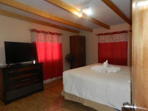 a bedroom with red curtains and a bed with a television at CASA DESERT in San Pedro de Atacama