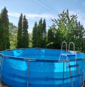 a blue swimming pool with trees in the background at Noclegi na winnicy in Dys