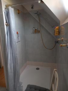 eine Dusche mit Duschvorhang im Badezimmer in der Unterkunft Chez Patrick in Maizet + 37 Fotos