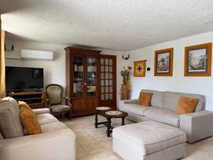 a living room with two couches and a tv at La Charmante in Le Vigan