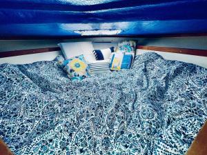a bed on a boat with a blue canopy and pillows at Buffalo’s River Den in Buffalo