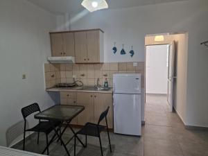 a kitchen with a white refrigerator and a table and chairs at VILLA KETI in Leptokarya +19 photos