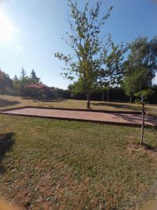 a park with a tree and a walkway at La Roulotte de piégut in Piégut-Pluviers