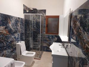 a bathroom with a toilet and a sink and a shower at Villa Shtëpia në Pyll in Draç