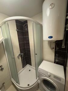 a small bathroom with a shower and a washing machine at Golden Lux in Berane