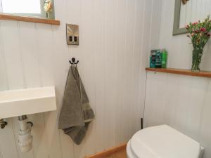 a bathroom with a toilet and a towel on the wall at Bramleys in Taunton
