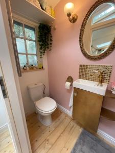 a bathroom with a toilet and a sink and a mirror at Dove Cottage Chatka 35 Chalmová in Bystričany +17 photos