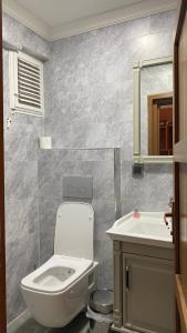 ein Badezimmer mit Toilette, Waschbecken und Spiegel in der Unterkunft Hisar Beach Hotel in Yaylacık