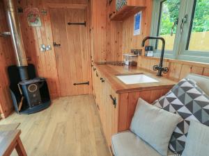 a kitchen with a sink and a stove in a cabin at Pippins in Taunton