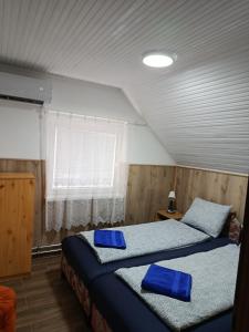 a bedroom with two beds with blue sheets and a window at Fűzfa Apartmanház in Tamási