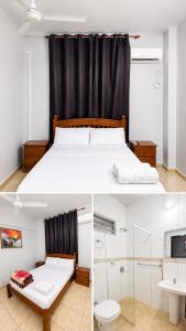 two pictures of a bedroom with a bed and a bathroom at Hostel Peter Pan in Puerto Iguazú