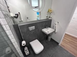 a bathroom with a sink and a toilet and a mirror at Greenpoint Chic Studio Apartment in Cape Town