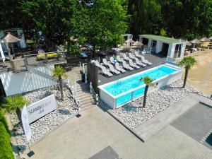 an overhead view of a swimming pool with lounge chairs at SCANDINAVIA Camping in Zator