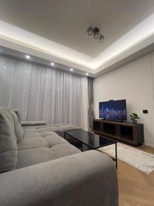 a living room with a couch and a flat screen tv at PREMIUM Apartament & Wellness with jacuzzi, sauna , gym , pool in Bucharest
