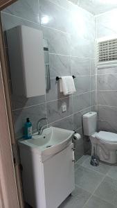a bathroom with a white sink and a toilet at Gökçeada Chrysi Petra pansiyon in Gokceada Town