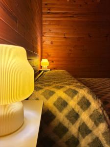 a bedroom with a bed and a table with a lamp at La martina in Junín de los Andes