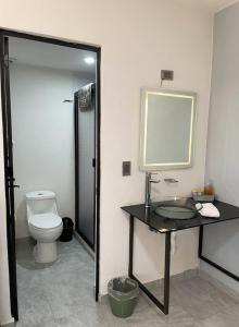 a bathroom with a toilet and a sink and a mirror at La Palma Coliving in San Lucas Xoloc +16 photos