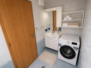 a small bathroom with a washing machine and a sink at Alpine Forest Apartments in Radovljica