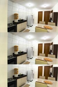 two pictures of a kitchen with a sink and a refrigerator at Apto Completo São João com Garagem e Piscina in Campina Grande