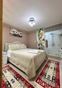 a bedroom with a large bed and a shower at Duplex Mino, Pazari i Vjetër Korçë in Korçë
