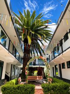 a palm tree in a building with an arch and flags at La Palma Coliving in San Lucas Xoloc