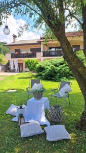 a table and chairs under a tree in the grass at Apartma Deni in Jelšane