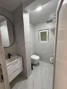 ein weißes Badezimmer mit Toilette und Waschbecken in der Unterkunft Riverside in Valbonë