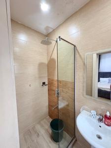 a bathroom with a glass shower and a sink at Executive Apartment in Anthony in Lagos