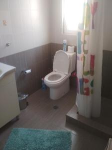 a bathroom with a toilet and a window and a rug at Airport Anasta Casa in Artemida +18 photos