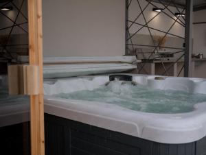 a bath tub filled with green water in a bathroom at Vadvirág Villa in Soltvadkert