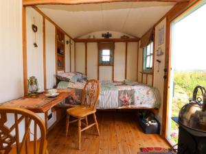 ein Zimmer mit Bett und Schreibtisch in einem Minihaus in der Unterkunft Cwt Bugail in Pwllheli