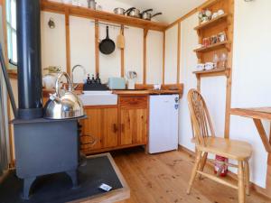 eine Küche mit Herd und einem weißen Kühlschrank in der Unterkunft Cwt Bugail in Pwllheli
