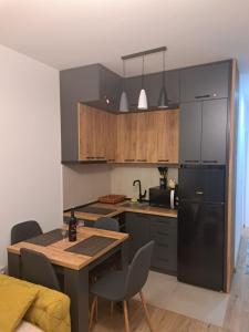 a kitchen with a table and a black refrigerator at Rajsko sunce in Vrnjačka Banja