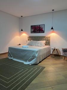 a bedroom with a large bed with a green rug at Hotel Via Center in Divino