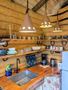a kitchen with wooden walls and a sink and lights at Cozy Lakeside Adventure - Biberburg am See in Osby