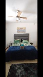 a bedroom with a blue bed with a ceiling fan at Leipoldt street 3 in Clanwilliam