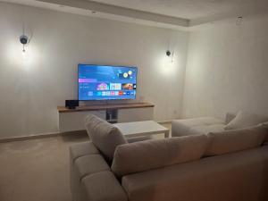 a living room with a couch and a flat screen tv at Apartmani Emma II in Gobovići