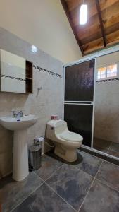 a bathroom with a toilet and a sink and a shower at Cocoloco's Lodge in El Valle