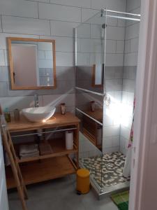 a bathroom with a sink and a shower with a mirror at Hébergement Studio Cosy AFWA in Les Abymes +7 photos